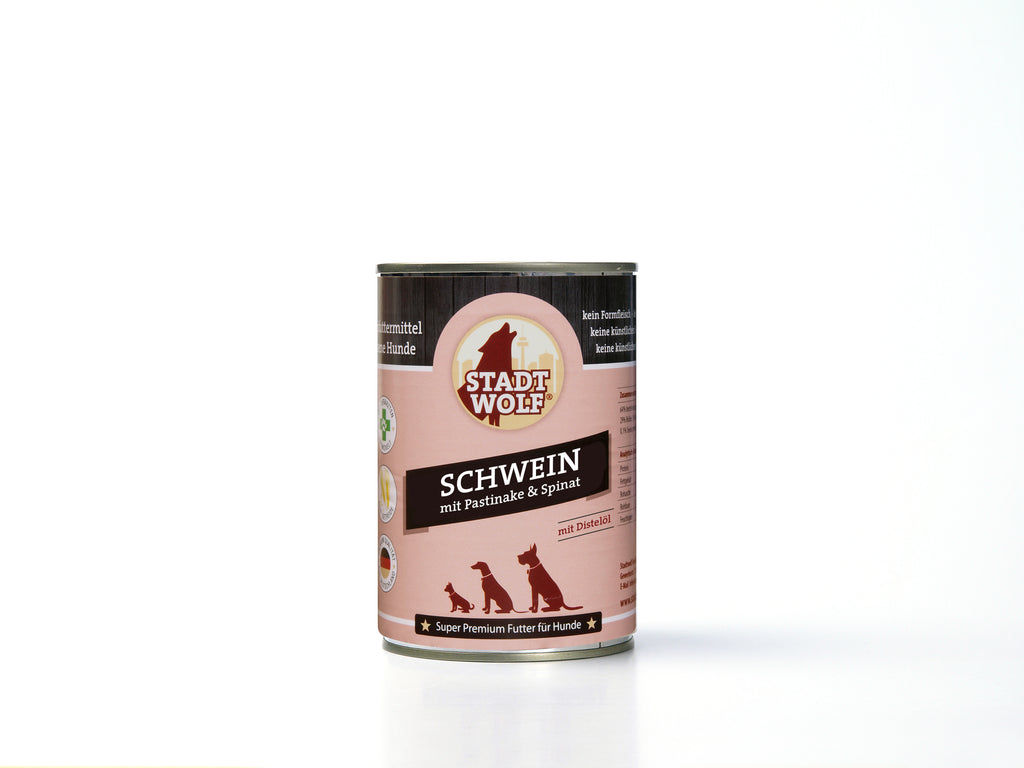 Stadtwolf Hunde-Nassfutter Schwein mit Pastinake und Spinat, 400g Dose – gesundes Hundefutter bei AmbraPet