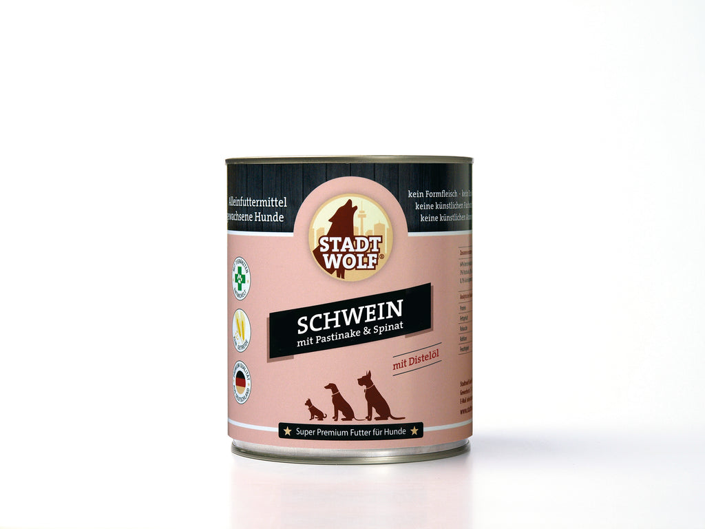 Stadtwolf Hunde-Nassfutter Schwein mit Pastinake und Spinat, 800g Dose – gesundes Hundefutter bei AmbraPet